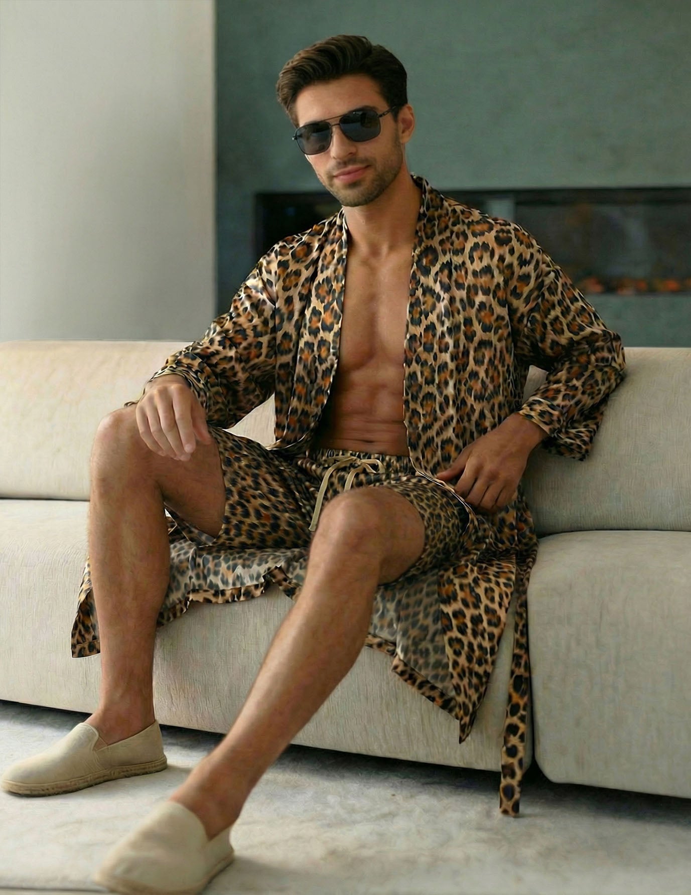 Men's robe & shorts set with leopard print, open front kimono style, matching drawstring shorts