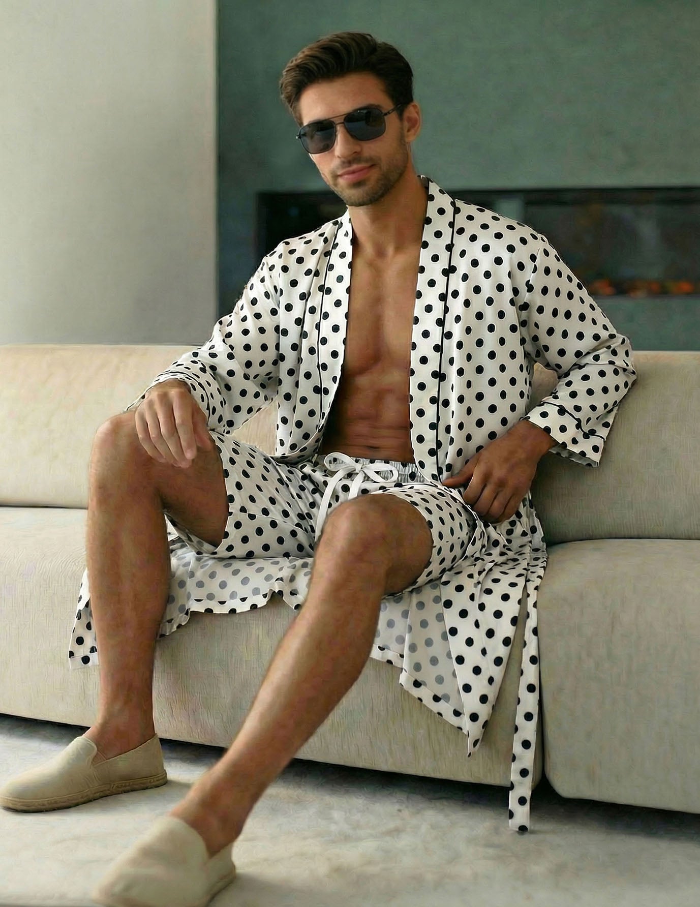 Men's robe & shorts set, white with black polka dots, open kimono robe with drawstring waist