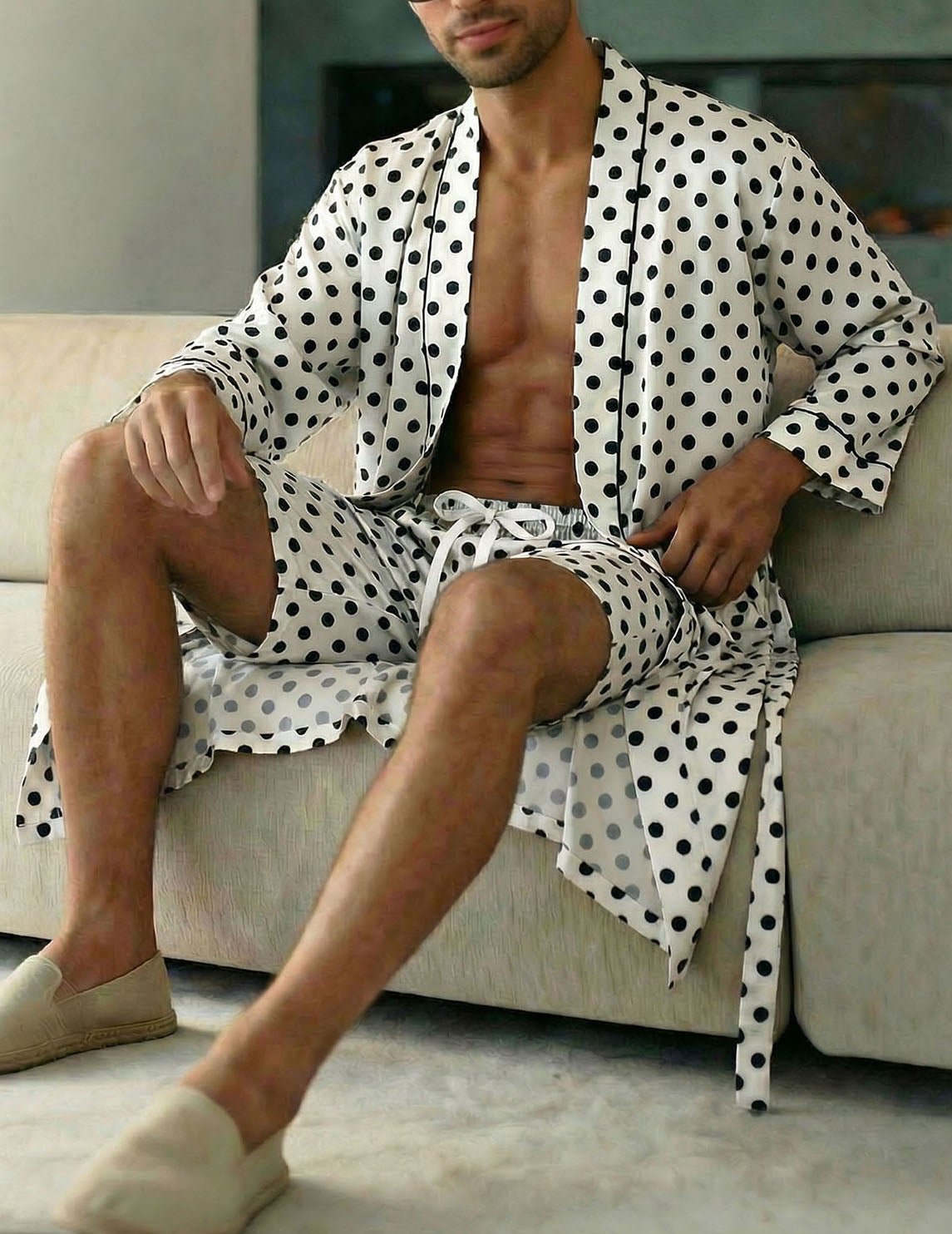 Men's robe & shorts set, white with black polka dots, robe tie belt and matching shorts