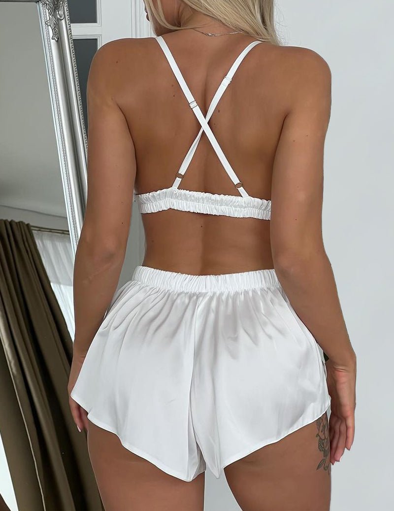 White satin 3-piece set: crossed-back triangle bra with elastic ruched waist shorts