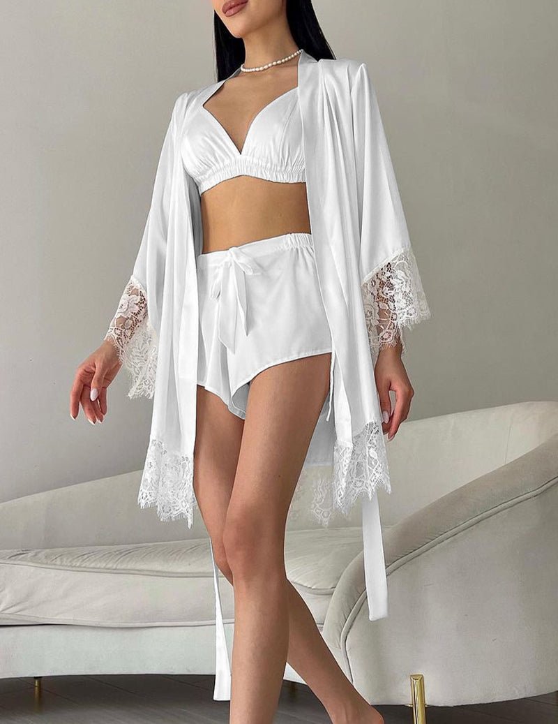 White satin robe set: lace-trim robe over triangle bralette and satin shorts