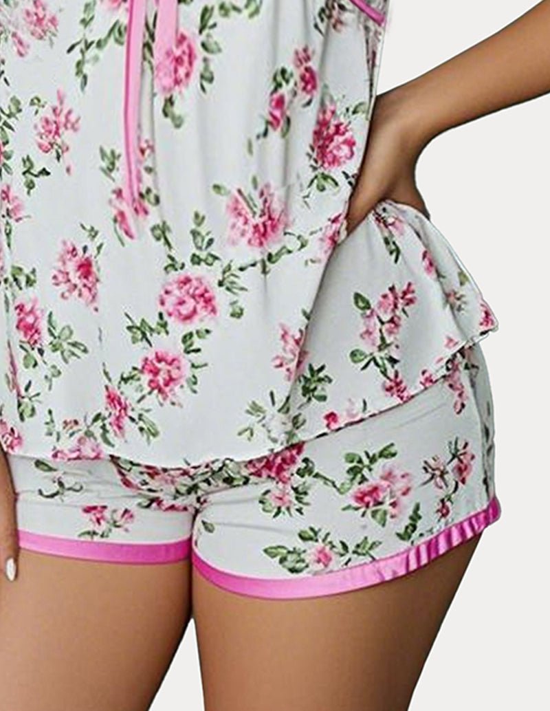 Floral print satin trim shorts set, pink-trim shorts and bow-tie top