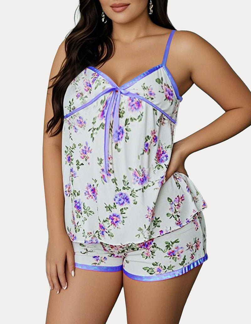 Floral print satin trim shorts set with blue ribbon straps and blue-edged shorts