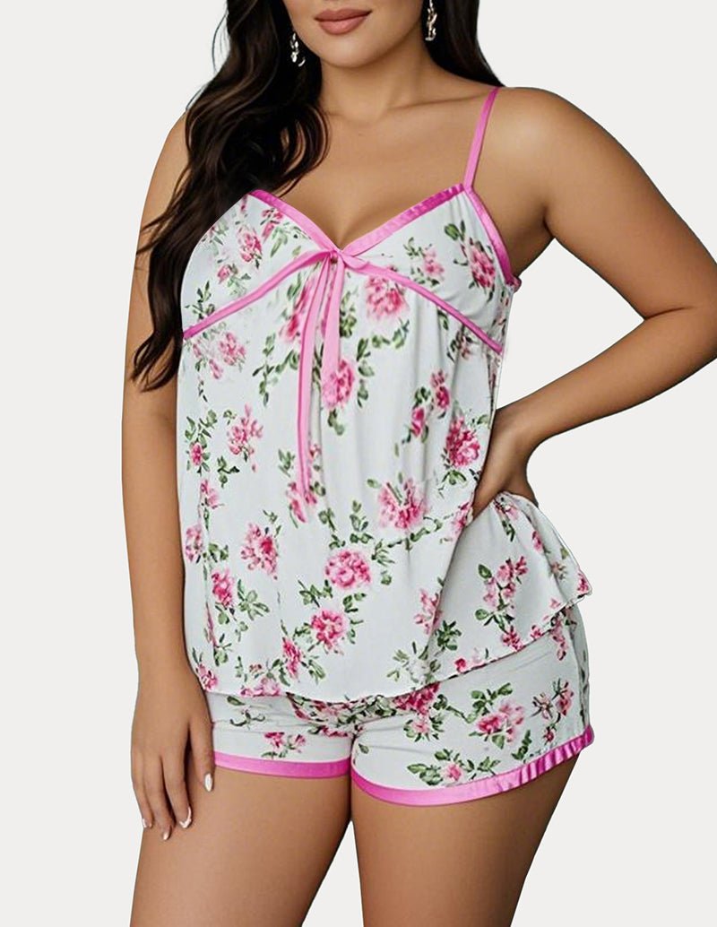 Floral print satin trim shorts set with pink ribbon straps and pink-edged shorts