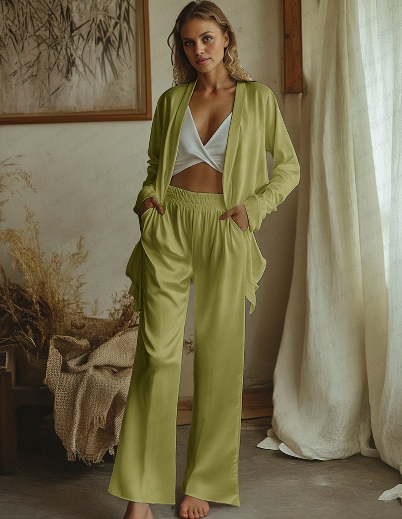Yellow satin lounge set with V-neck bralette, open long-sleeve top, and wide-leg pants