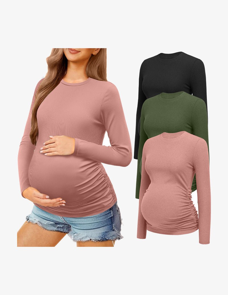 Maternity long sleeve shirt set: mauve pink with dark green and black options, ruched belly