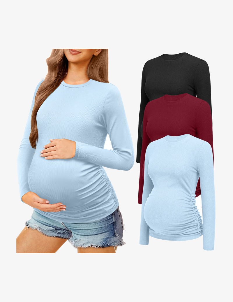 Maternity long sleeve shirt set, light blue top; also shows other colors on the right