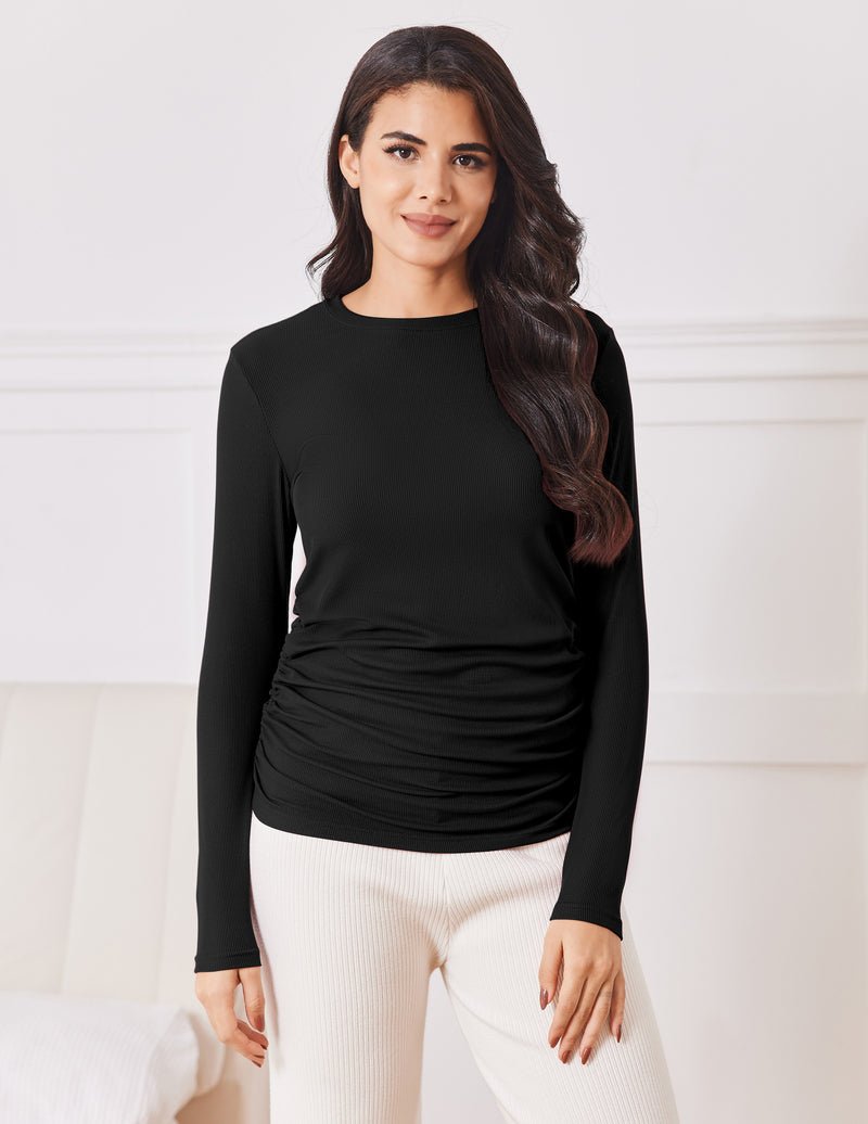 Maternity long sleeve shirt, black, crew neck with ruched waist for pregnancy