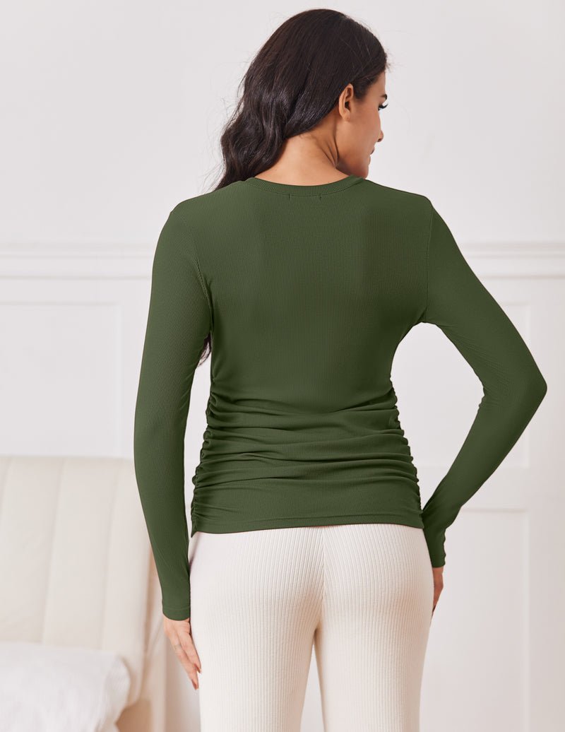Olive green maternity long sleeve shirt, ruched at the belly seam, crew neck