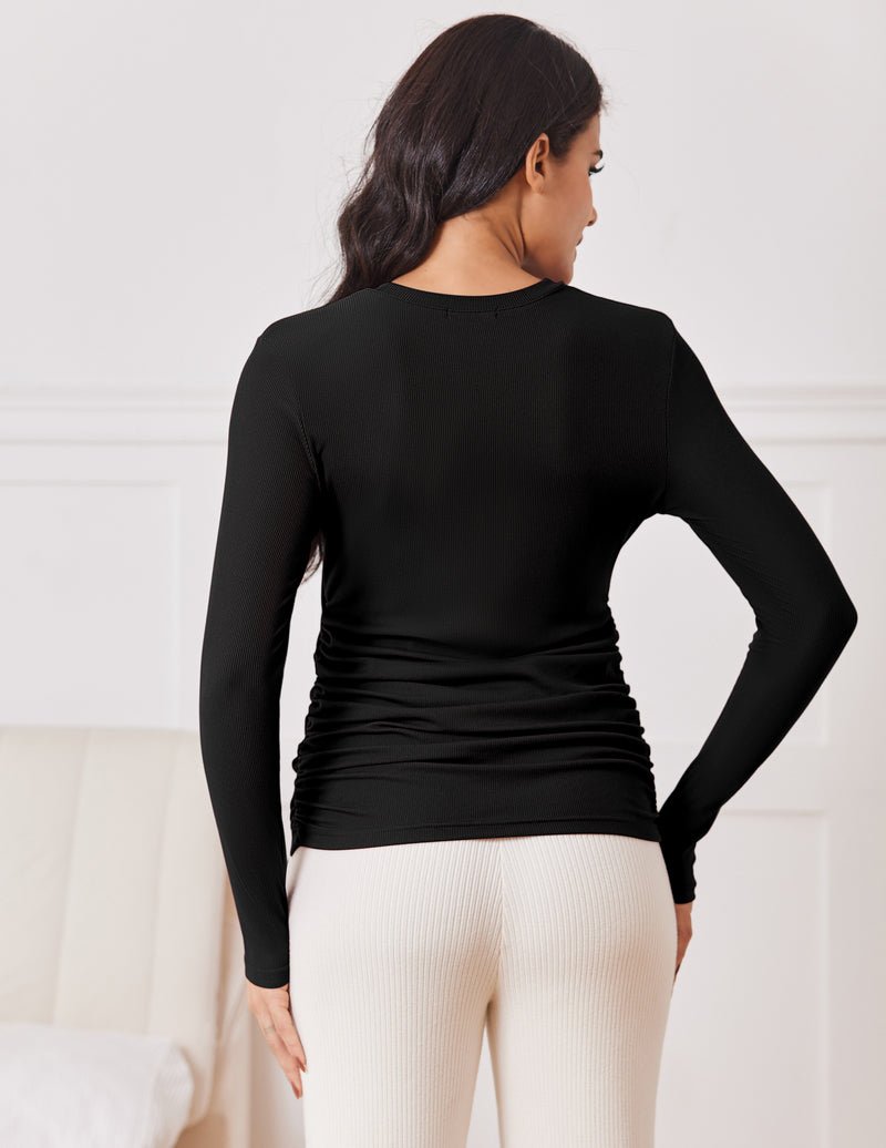 Maternity long sleeve shirt, black, ruched side for growing belly (back view)