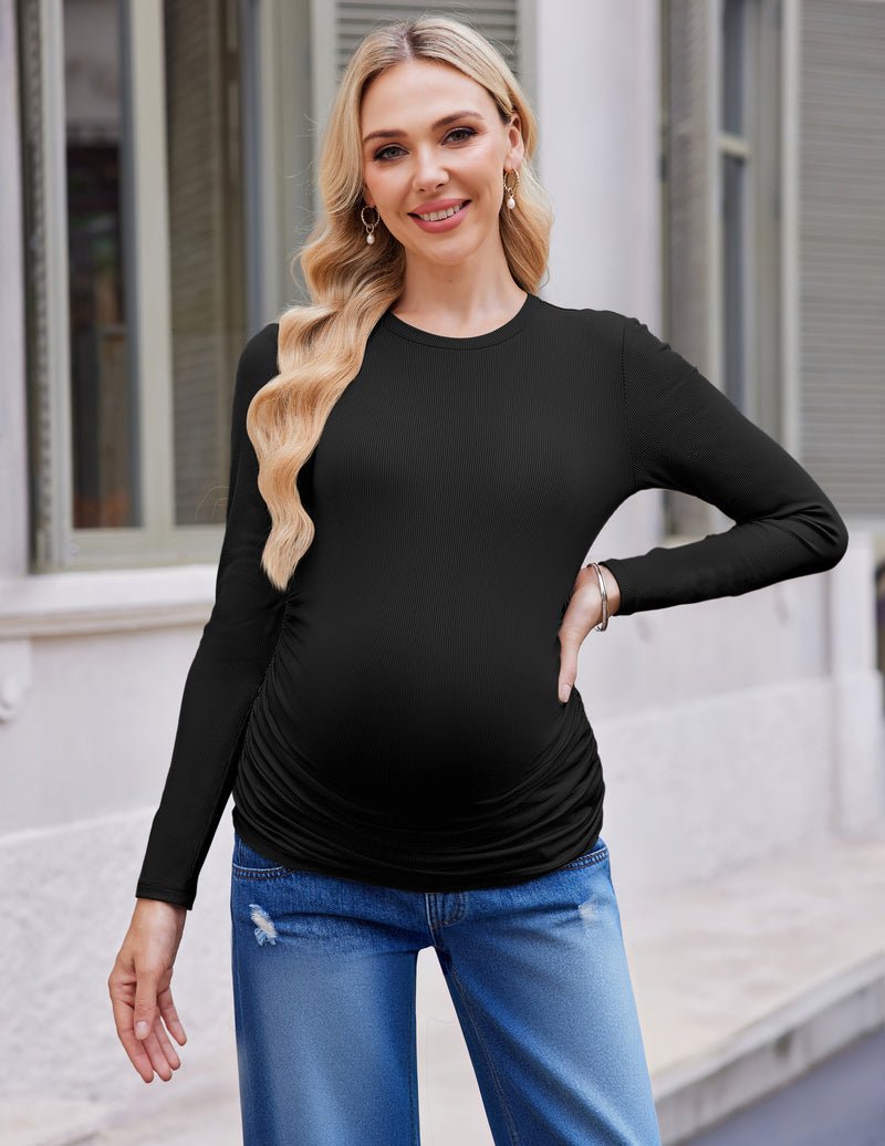 Maternity long sleeve shirt, black, fitted knit with ruched belly panel (side view)