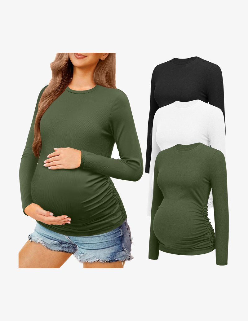Maternity long sleeve shirt set: olive green and white tops with dark option, ruched