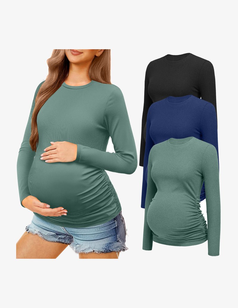 Maternity long sleeve shirt set, green top; also shows other colors on the right