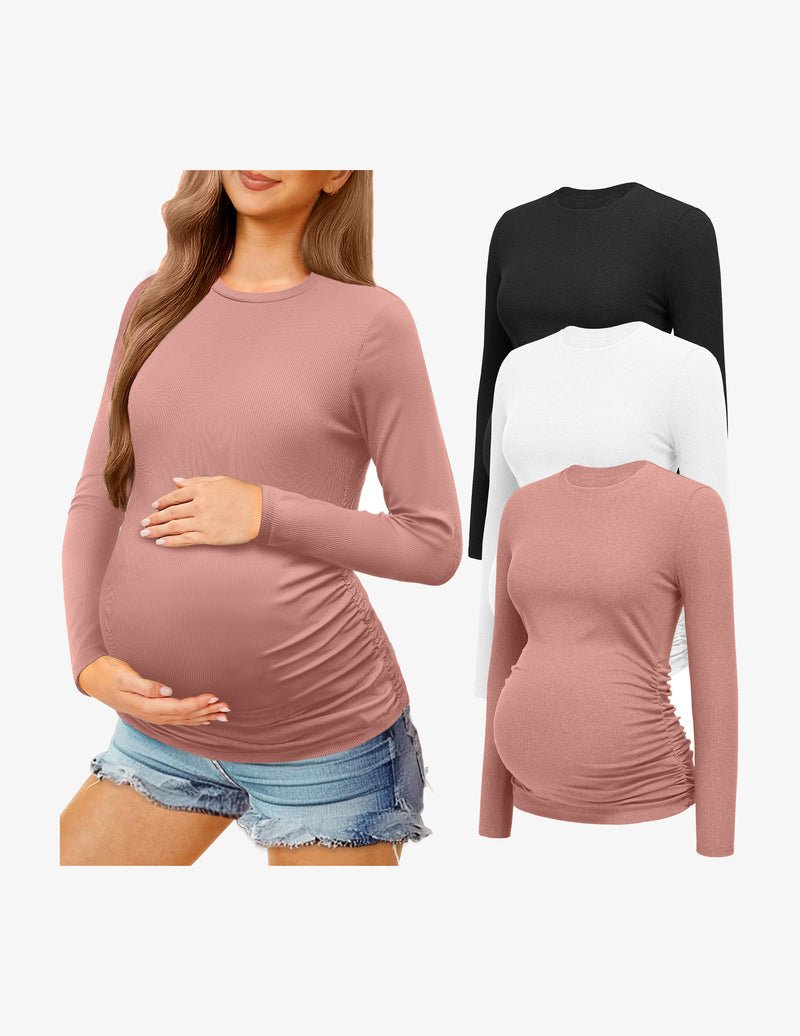 Maternity long sleeve shirt set: dusty rose and dark/white tops, ruched waist