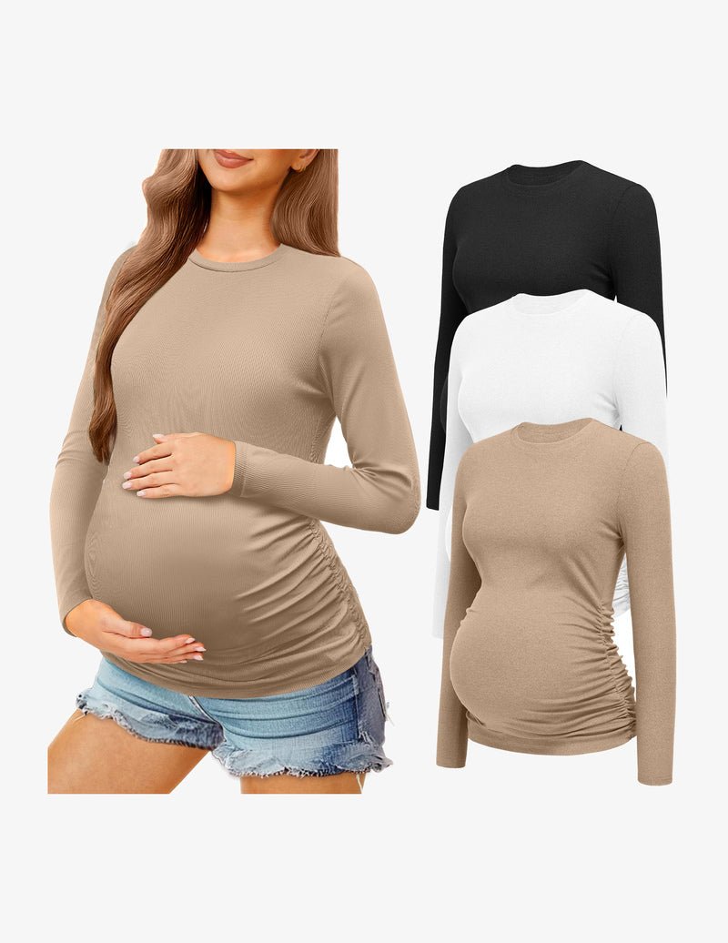 Maternity long sleeve shirt set: tan and white tops with ruched belly detail