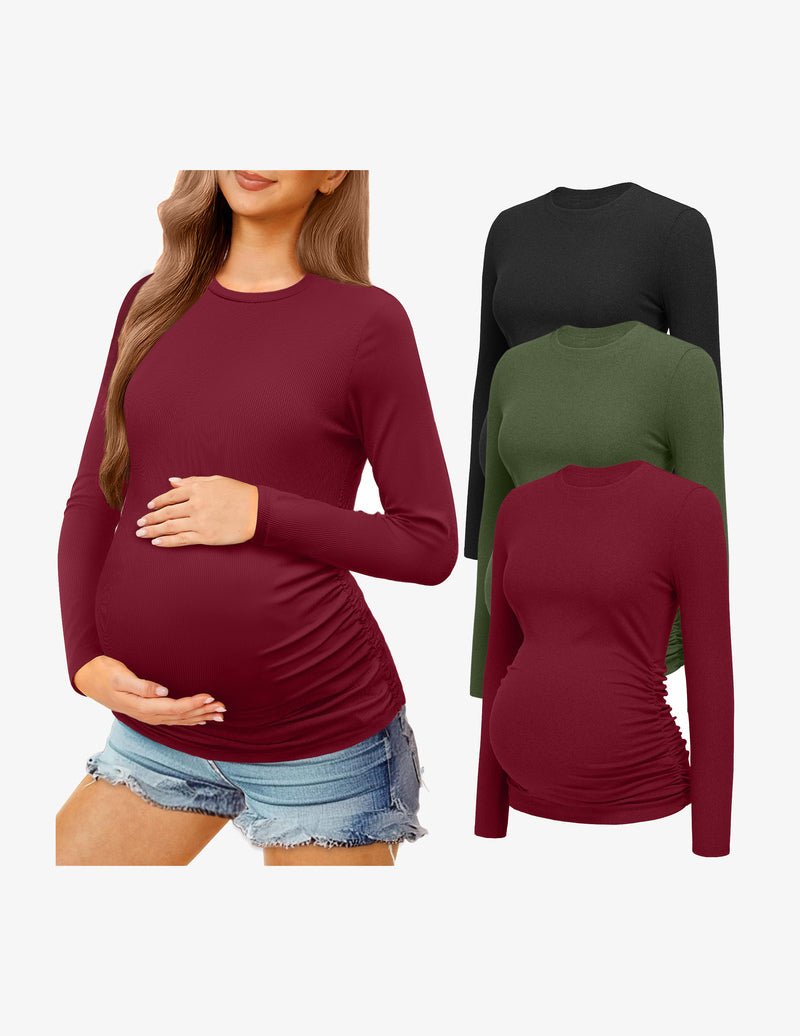 Maternity long sleeve shirt set: deep burgundy and dark green tops, ruched belly