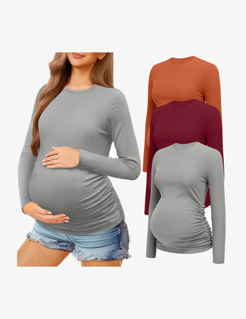 Maternity long sleeve shirt set: grey, rust and deep red tops, ruched waist