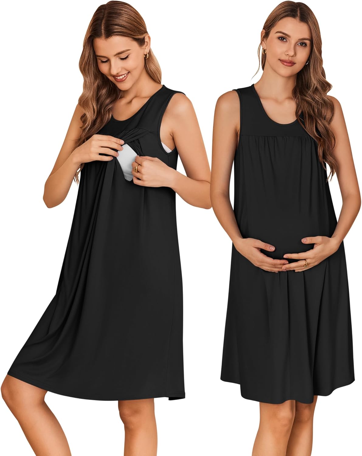Sleeveless maternity nursing nightgown in black with gathered scoop neckline and nursing access