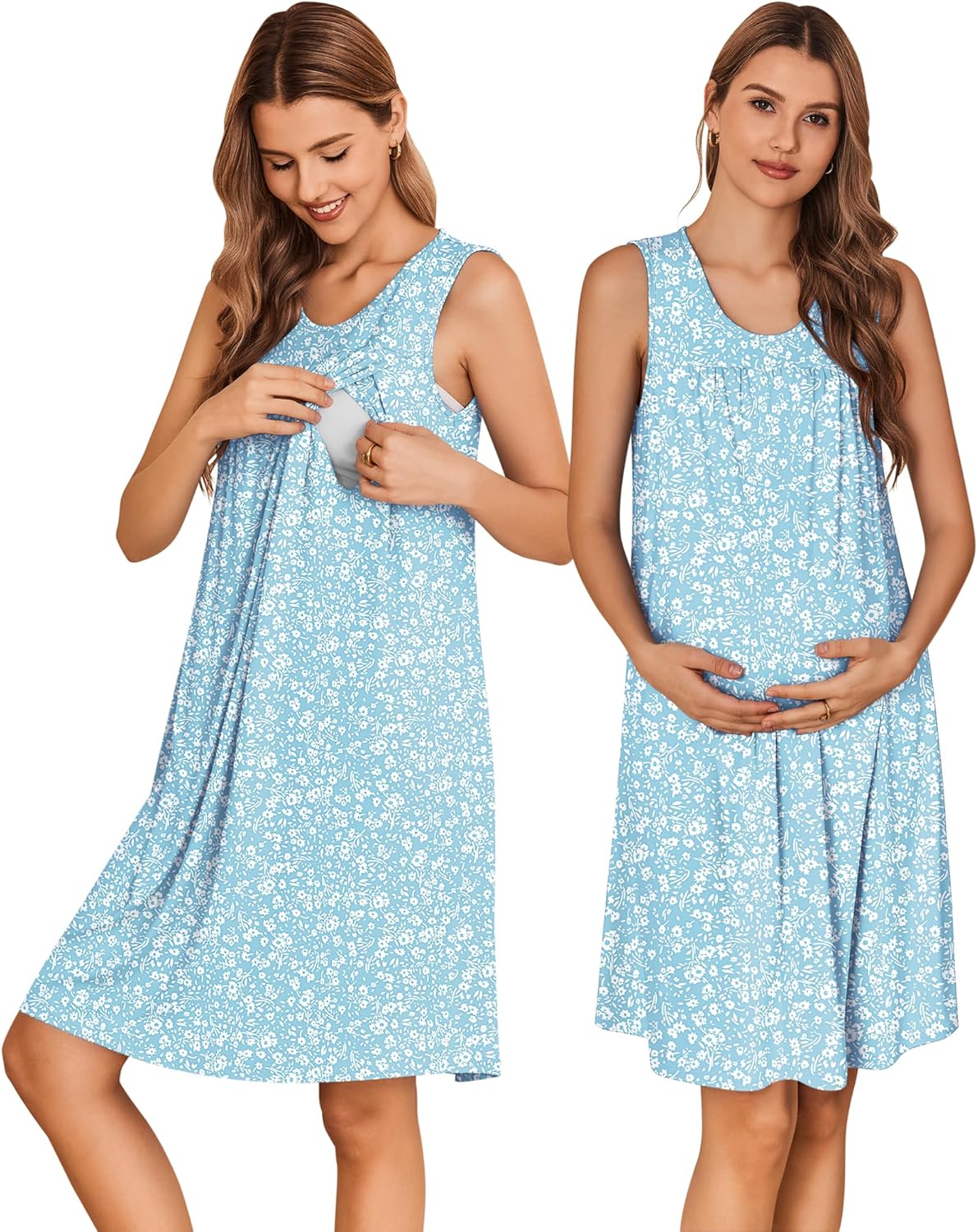 Maternity nursing nightgown dress in light blue with white floral print, sleeveless scoop neck.