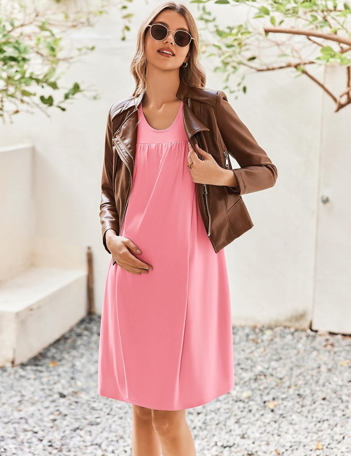 Pink maternity nursing nightgown, sleeveless with round neck, layered under jacket