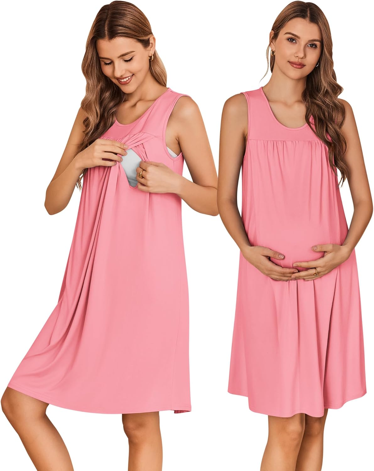Pink maternity nursing nightgown, sleeveless smocked bodice, knee-length flow