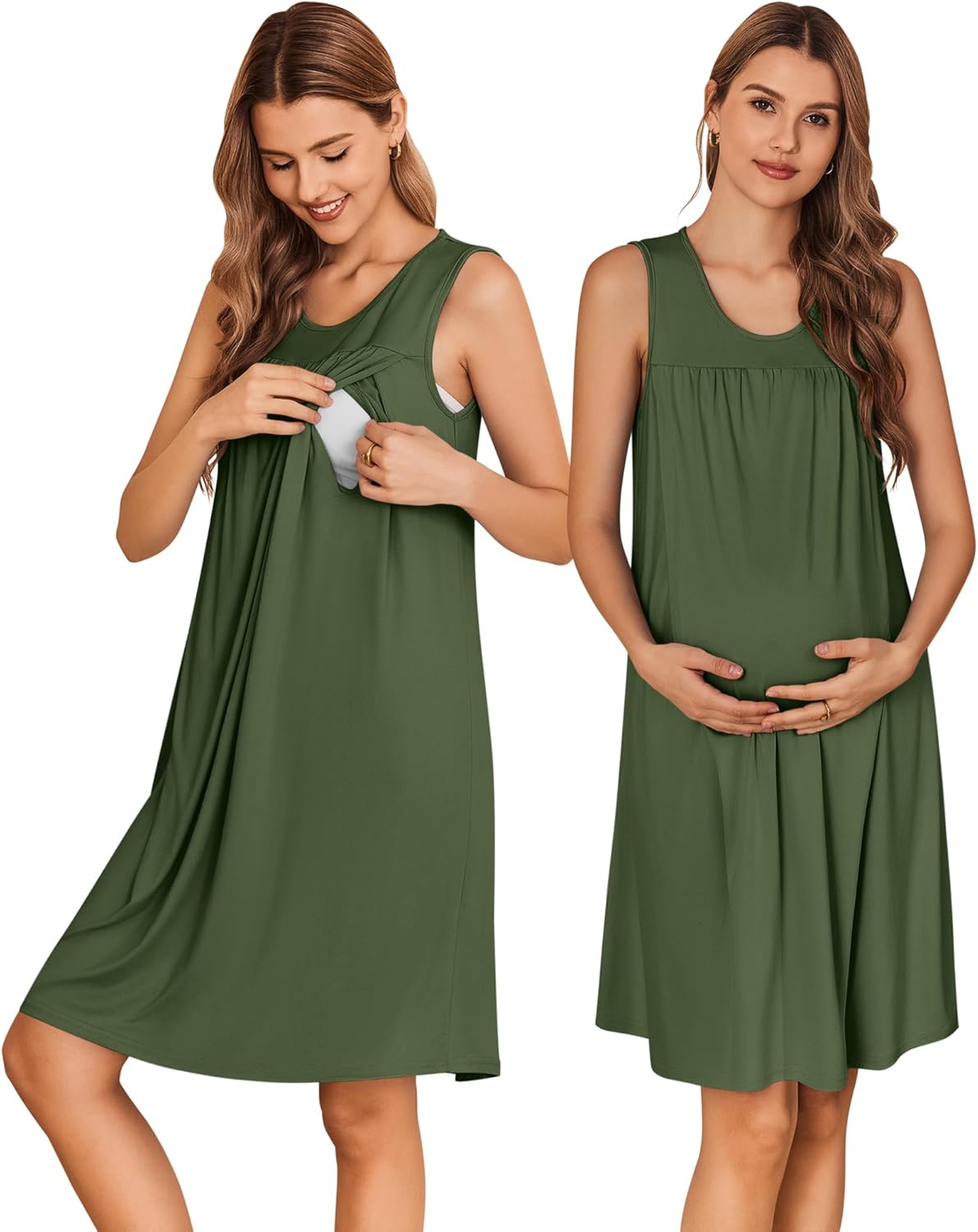 Green maternity nursing nightgown dress, sleeveless knee-length with gathered bodice.