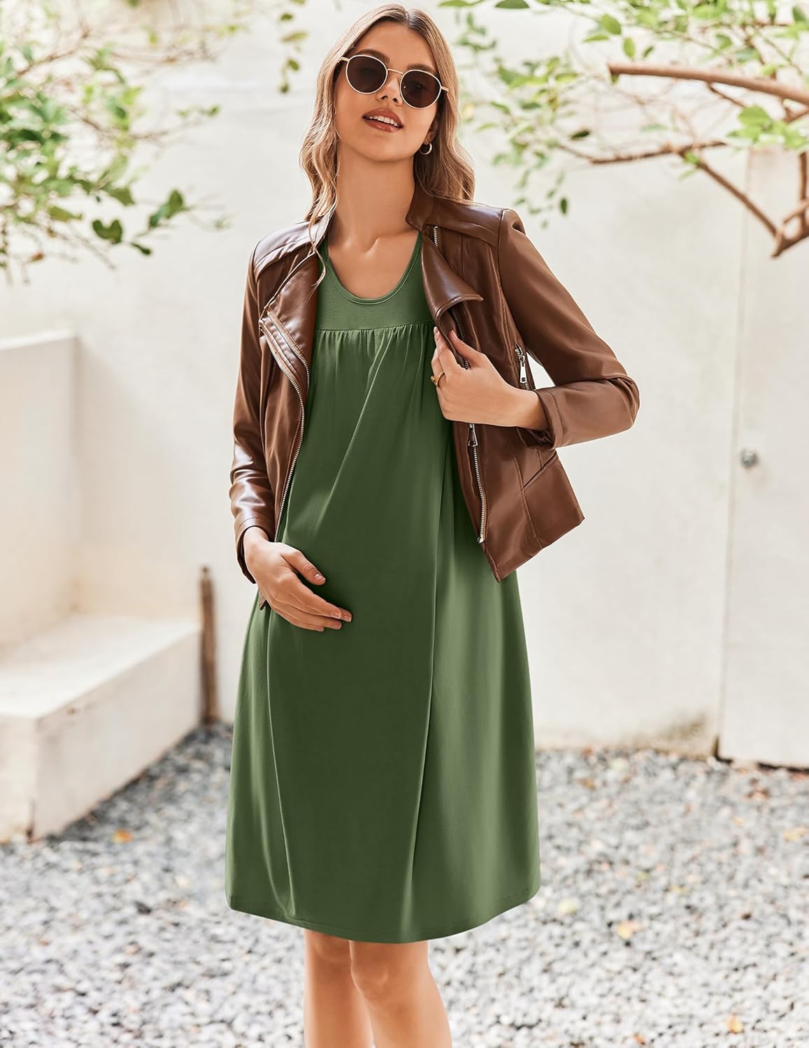 Maternity nursing nightgown dress in green with sleeveless scoop neck and loose fit.