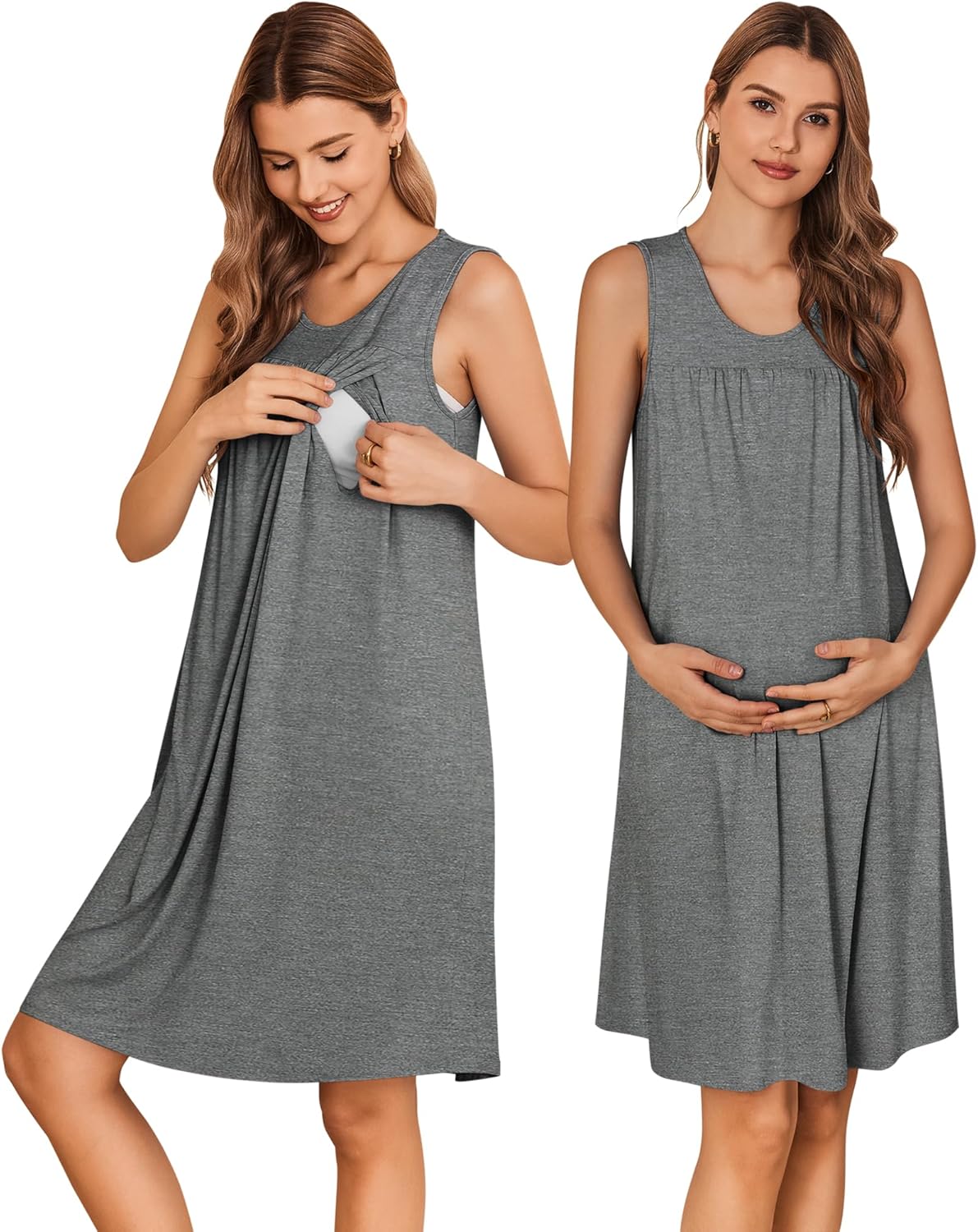 Maternity nursing nightgown dress in heather gray, sleeveless scoop neck with gathered skirt.