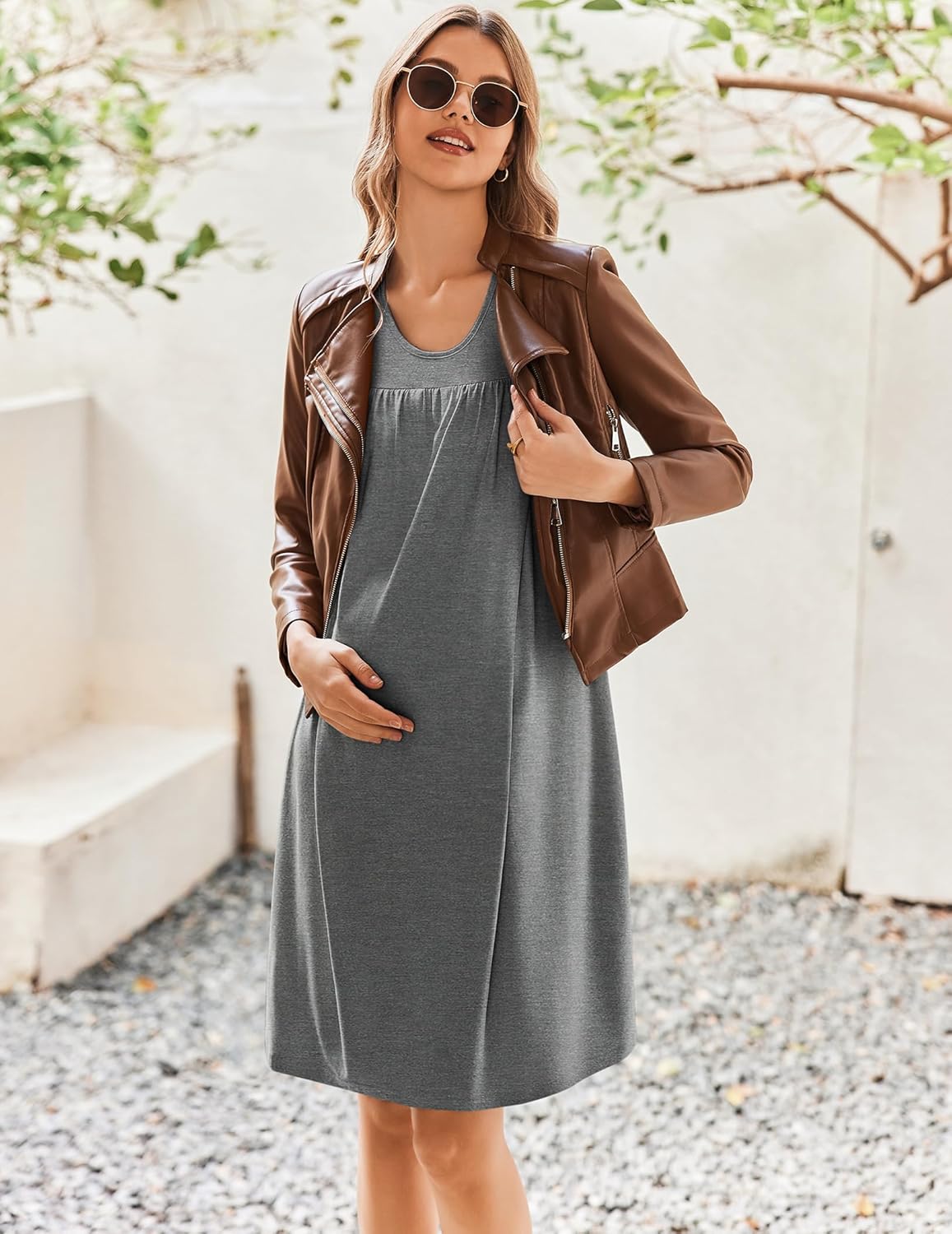 Maternity nursing nightgown dress in dark gray with sleeveless scoop neck and straight hem.