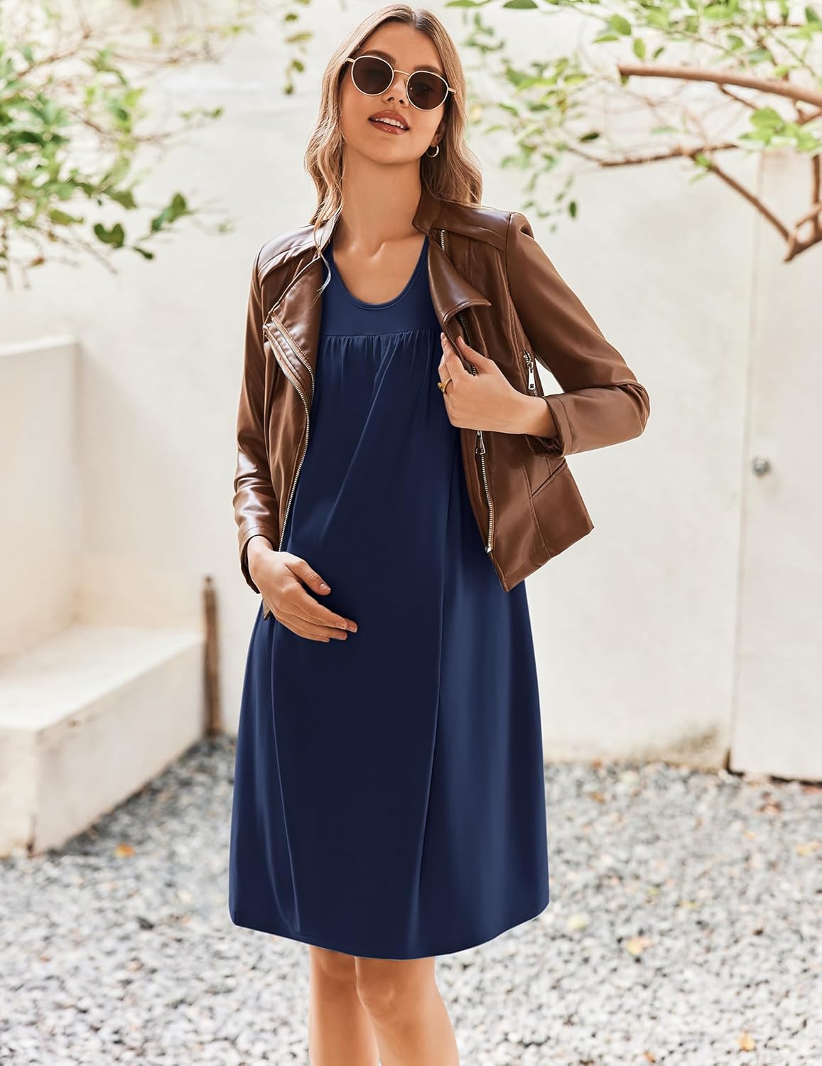Navy maternity nursing nightgown dress, sleeveless knee-length with gathered front detail.