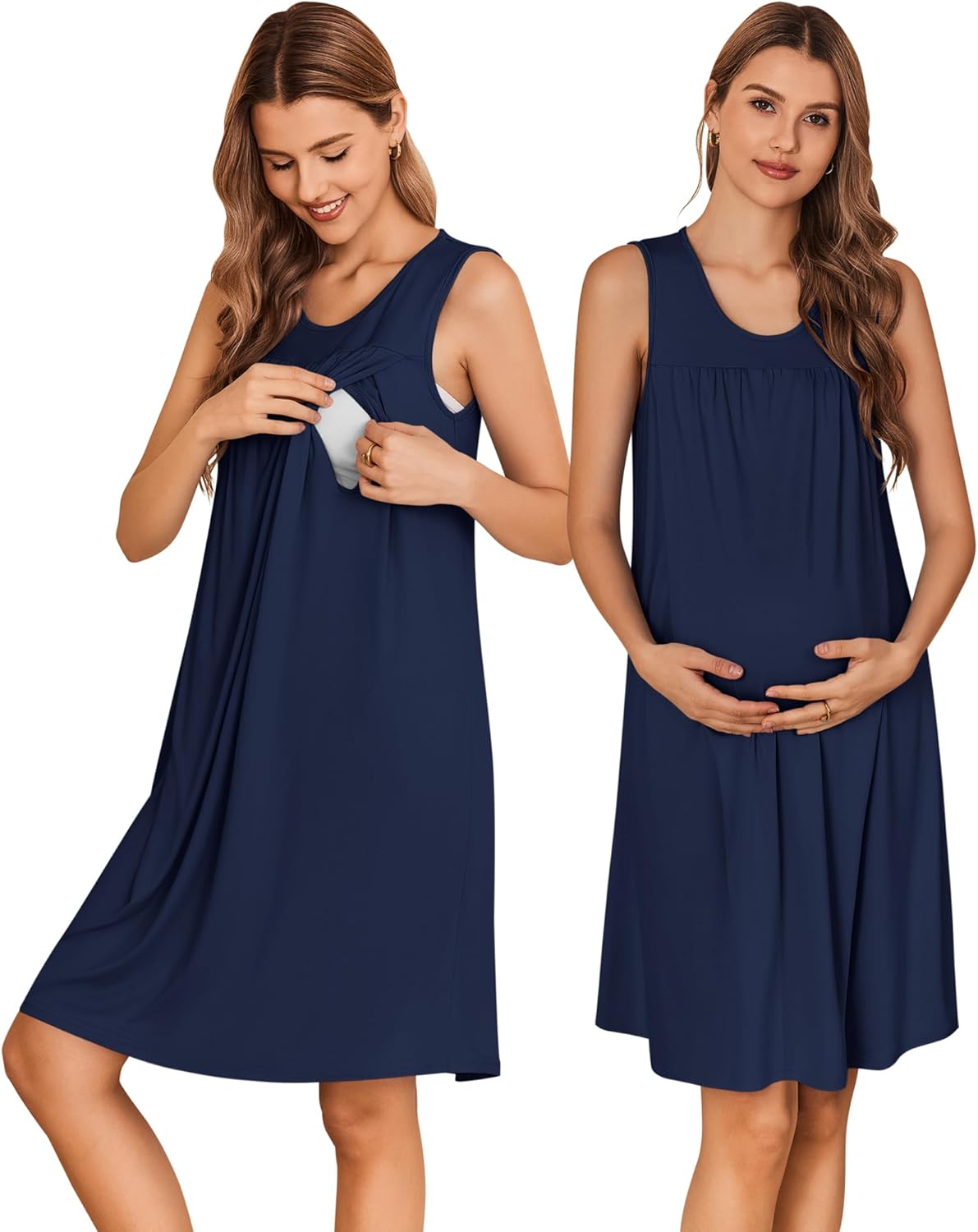 Navy maternity nursing nightgown dress, sleeveless knee-length with gathered empire waist.