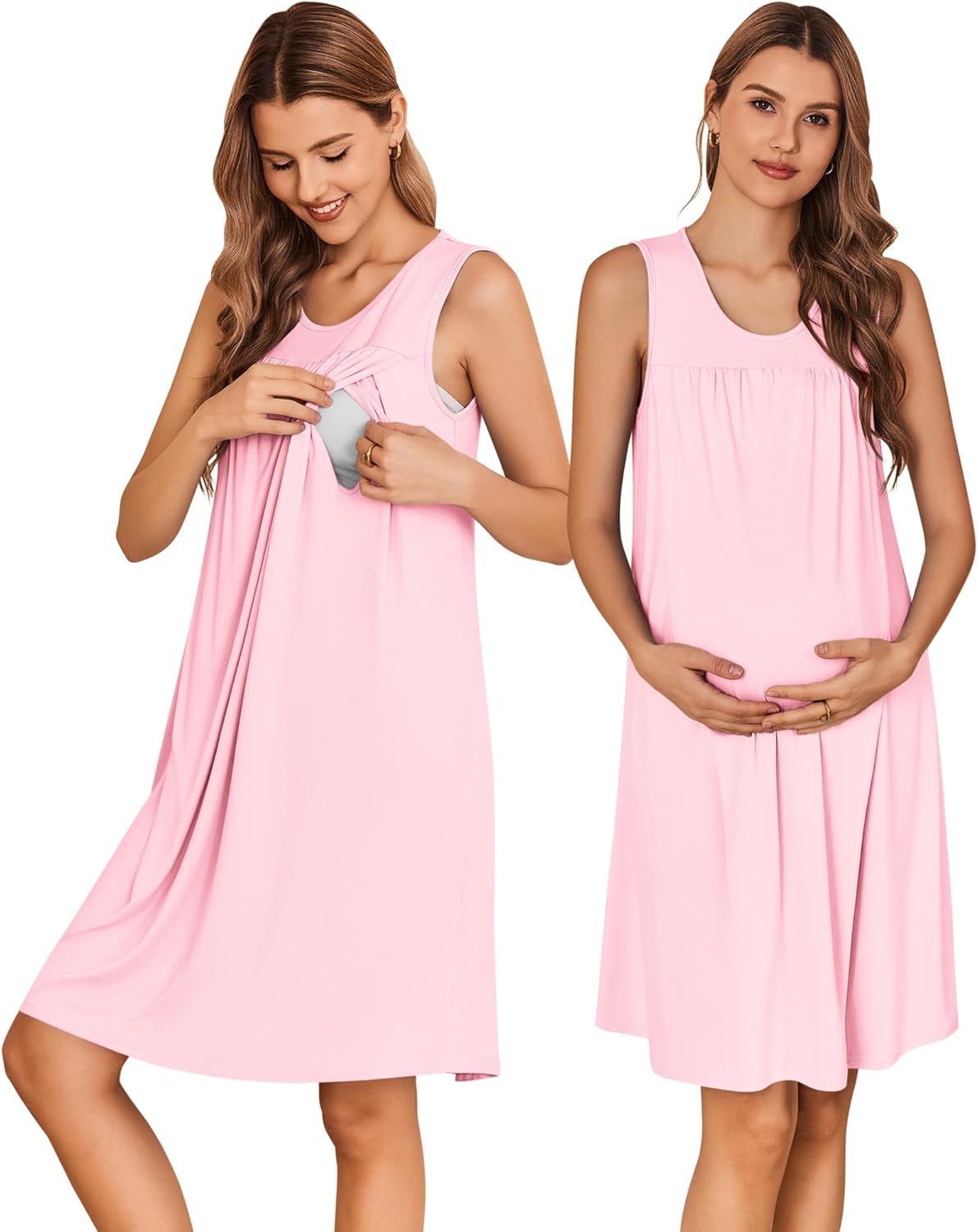 Sleeveless maternity nursing nightgown in pink with gathered neckline and nursing access