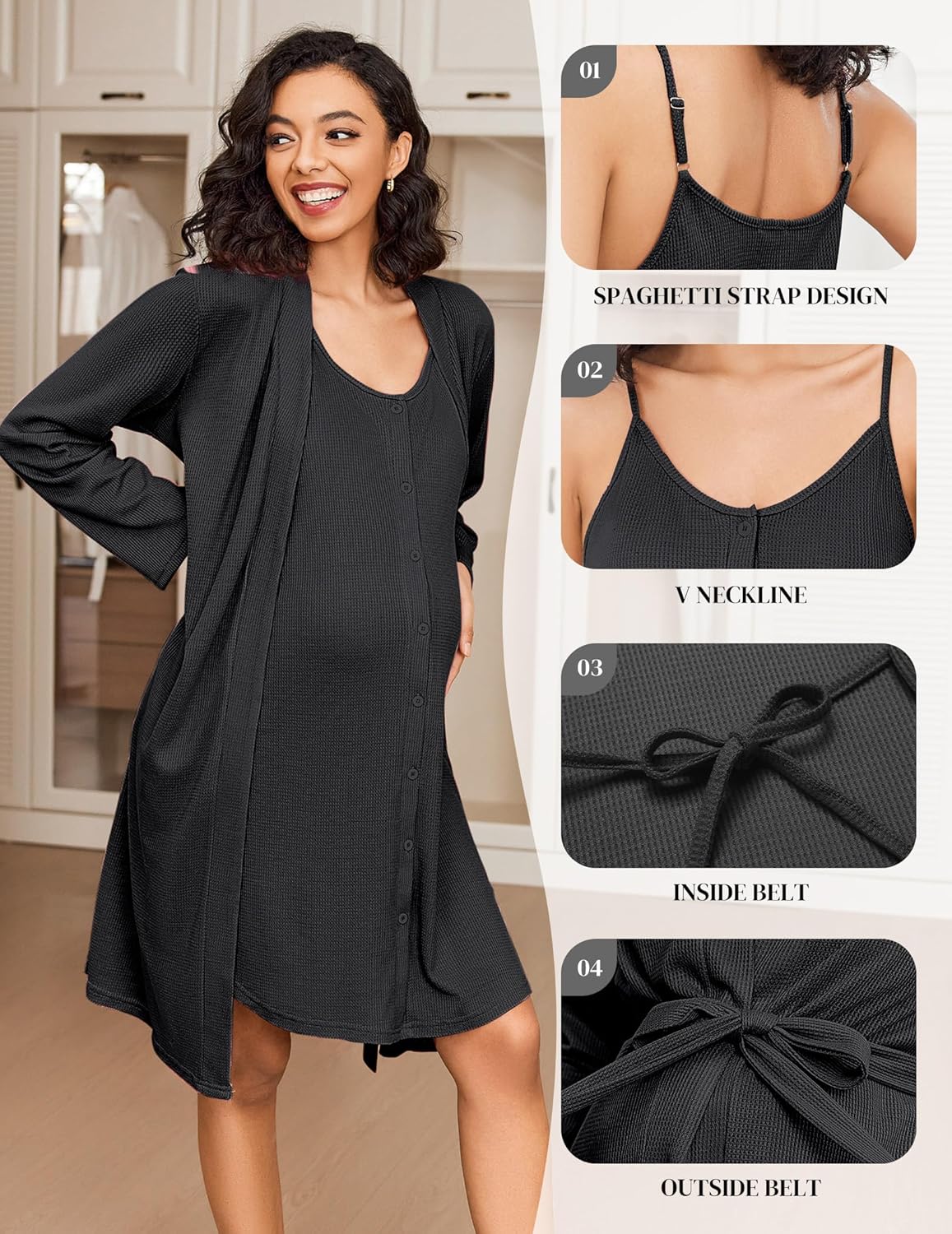 Schwarzes Maternity Nursing-Set: Spaghetti-Träger, V-Ausschnitt, Innen- und Außen-Gürtel