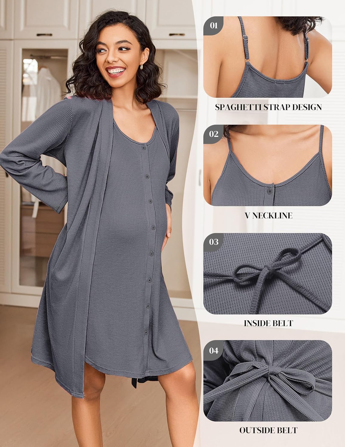 Dark grey nursing gown set: spaghetti straps, V-neck, tied belts