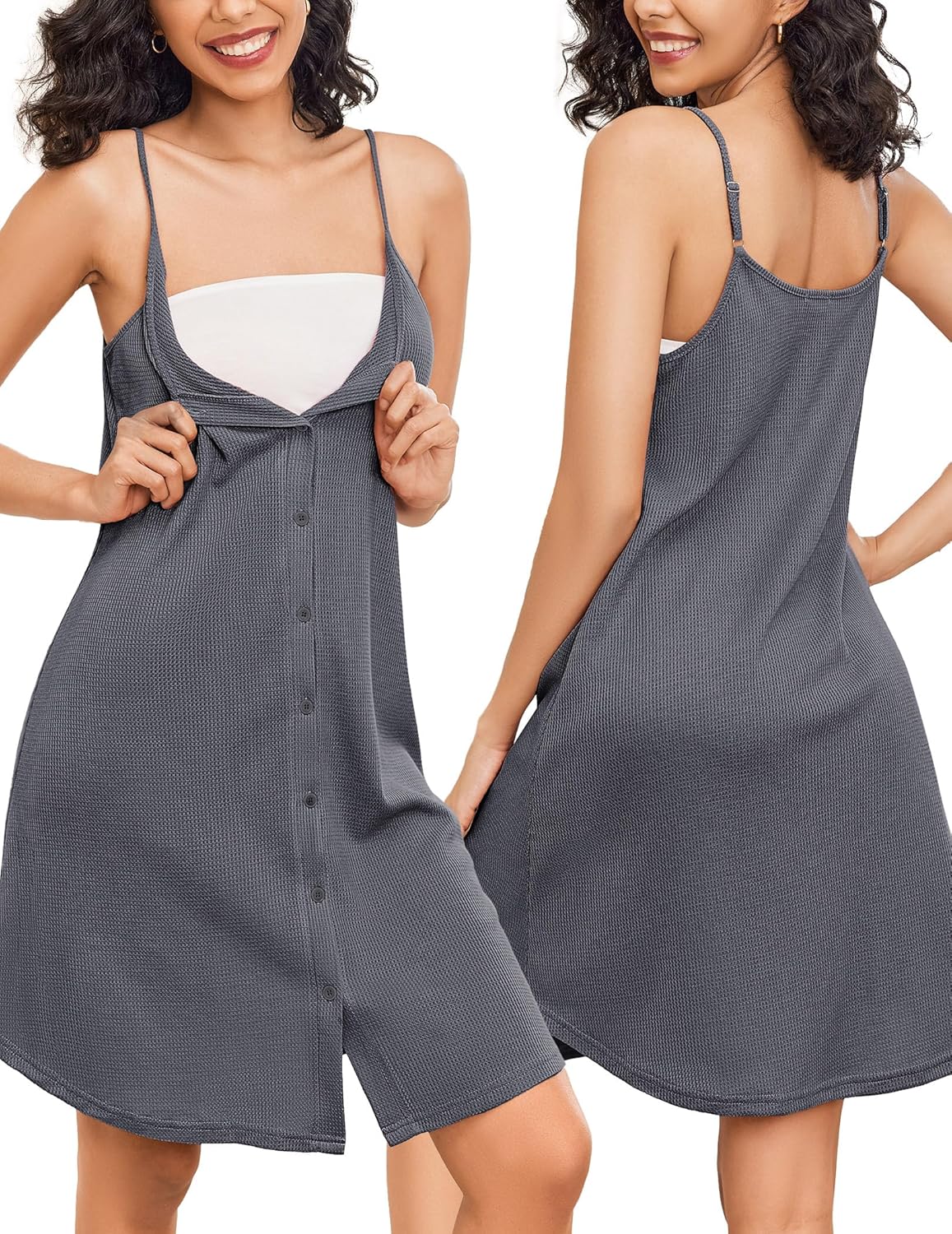 Dark grey nursing nightgown with spaghetti straps and button front, plus robe