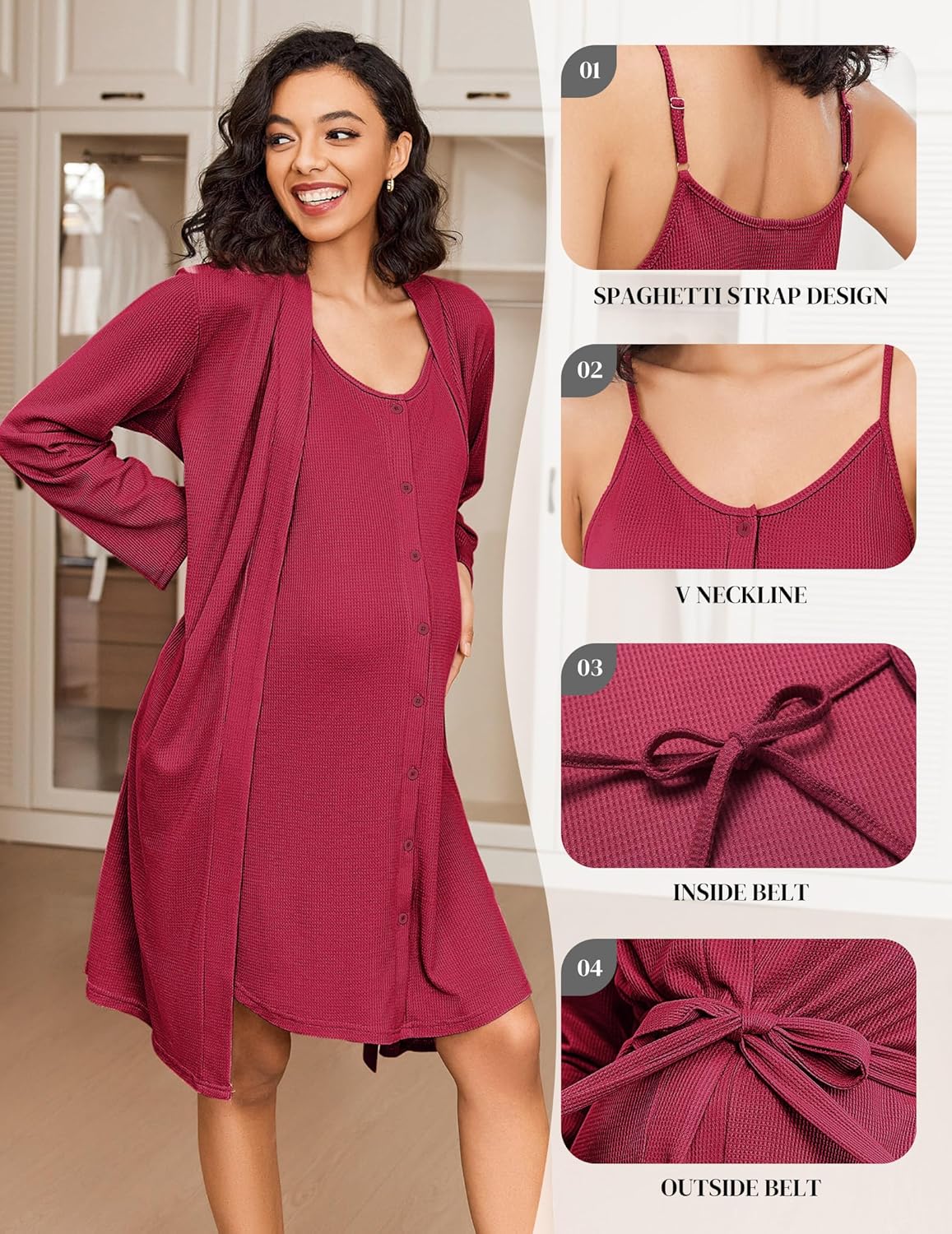 Dark red nursing gown with spaghetti straps, V-neck button front; matching robe tie belt