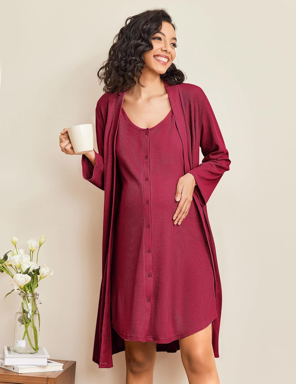 Maternity nursing gown and robe set, dark red knit dress with button front and tie robe
