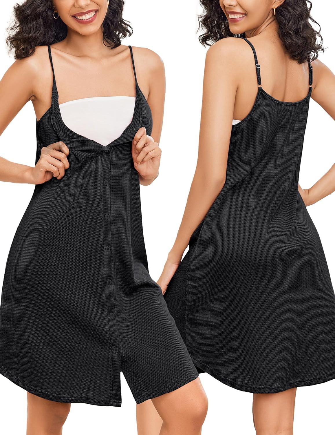 Schwangerschafts-Nursing-Kleid mit Trägern, Knopfleiste und Bindegürtel, schwarz