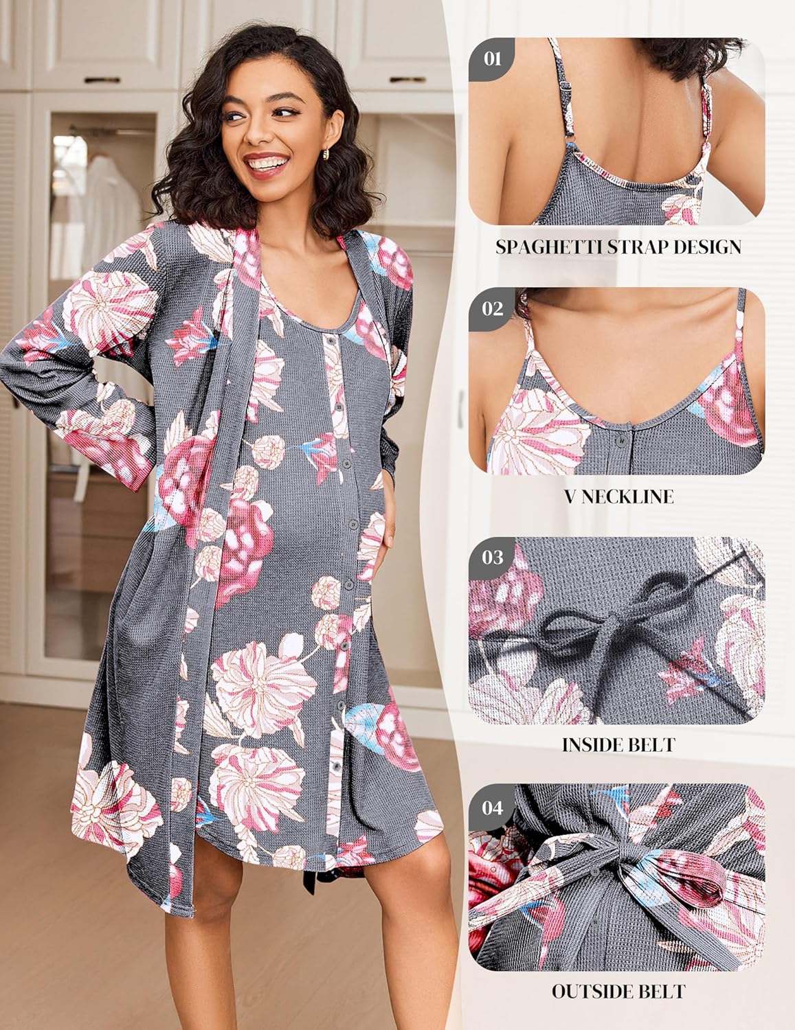 Grey floral maternity set: robe belt and spaghetti-strap nursing gown