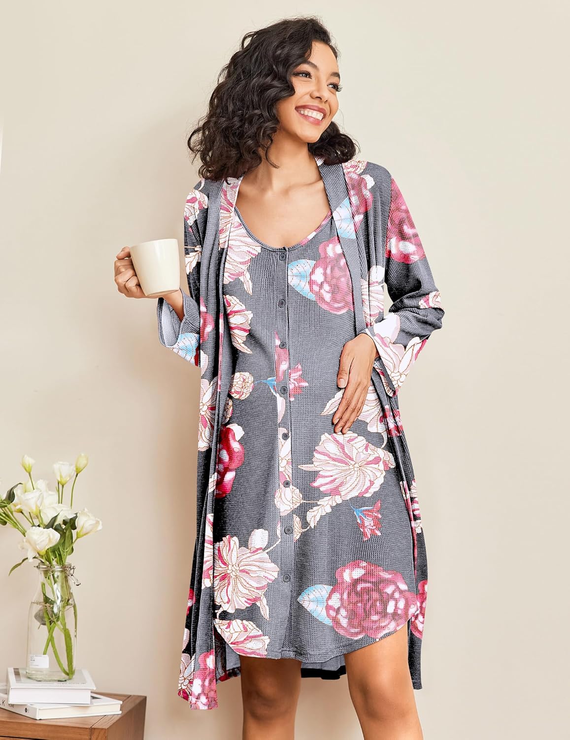 Grey floral maternity nursing nightgown with button front and robe