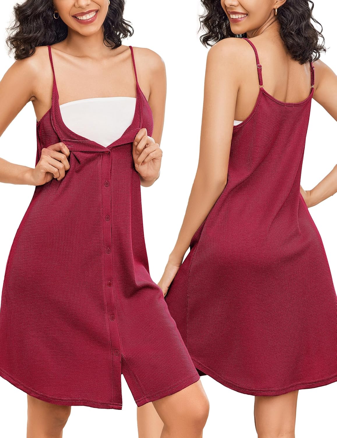 Schwangerschafts-Nursing-Kleid mit Trägern, Knopfleiste und Bindegürtel, dunkelrot