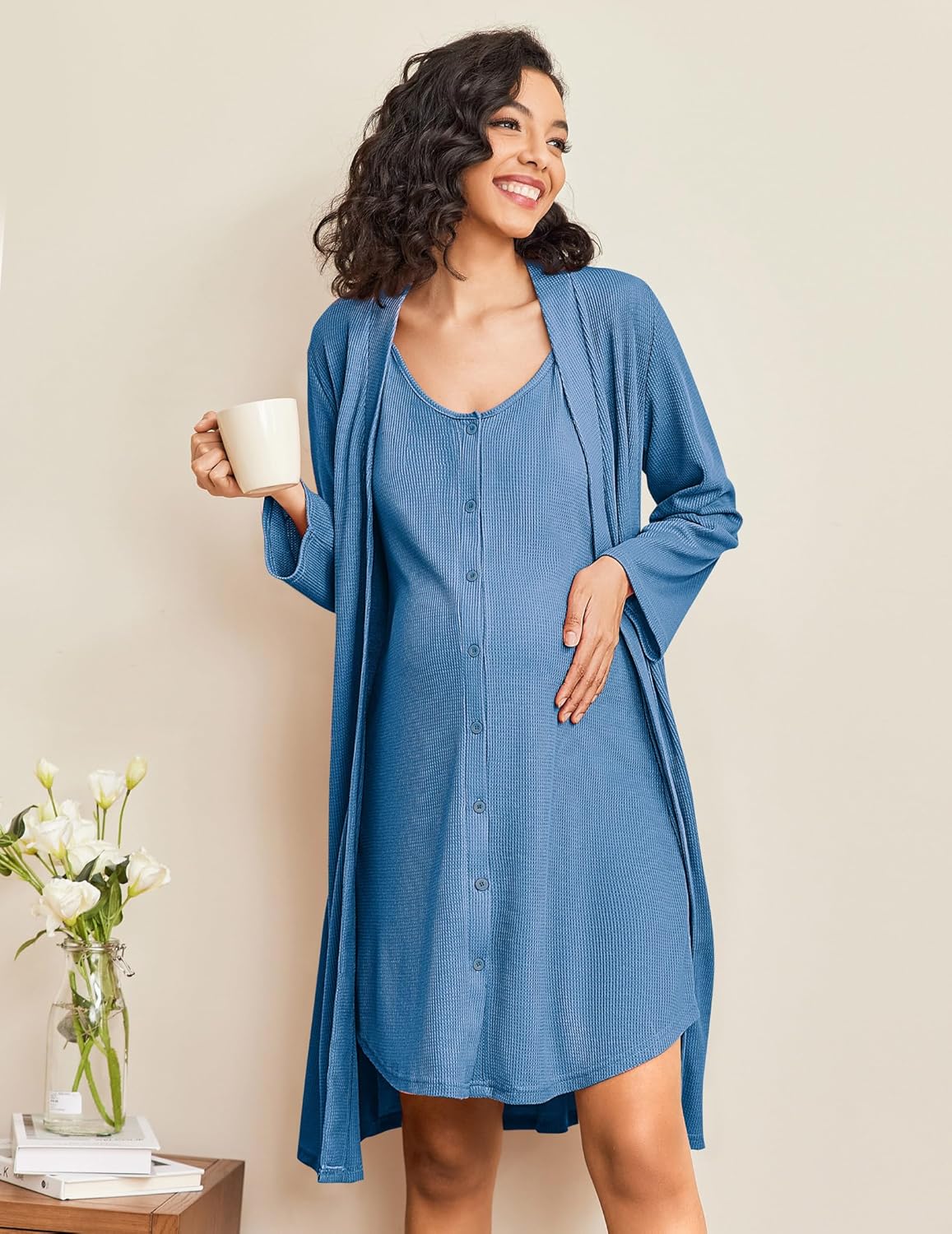 Maternity Nursing Gown mit V-Ausschnitt und langem Mantel, Navyblau