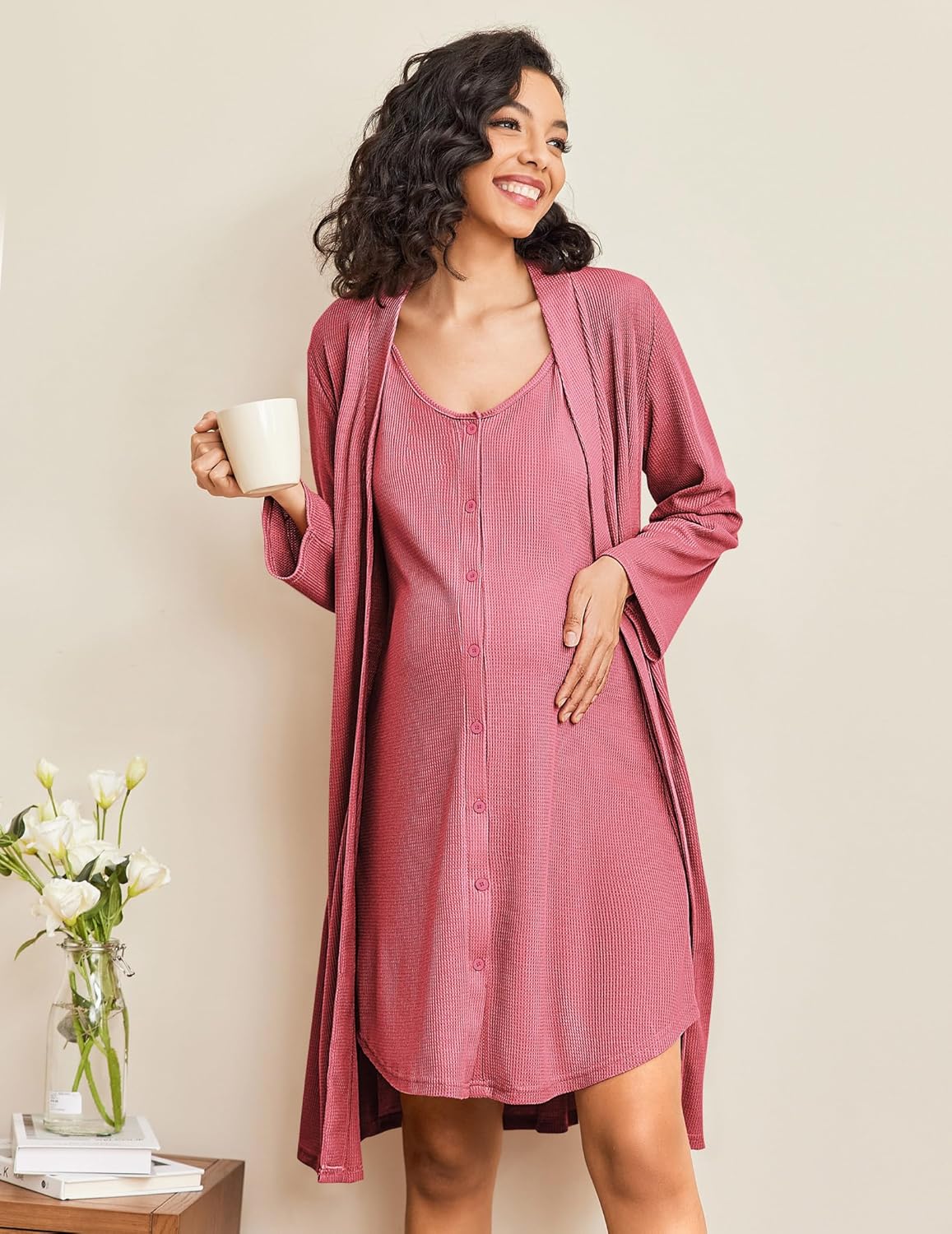 Dusty rose maternity nursing nightgown and robe set, belted robe