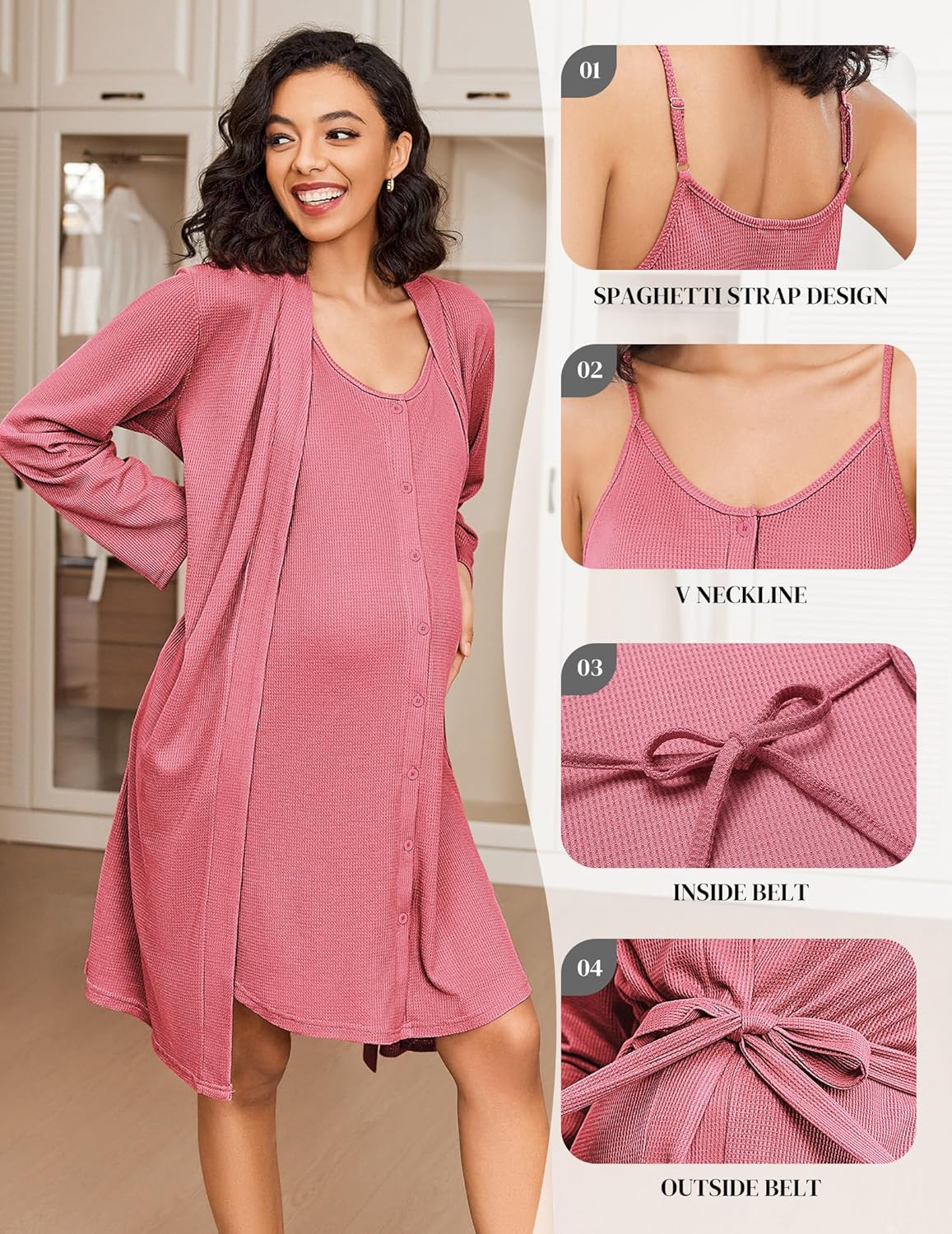 Dusty rose nursing set: spaghetti straps, V-neck, tied belts