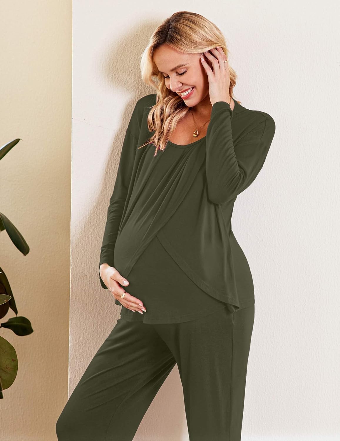 Olive green maternity nursing pajama set with long-sleeve wrap top and matching pants