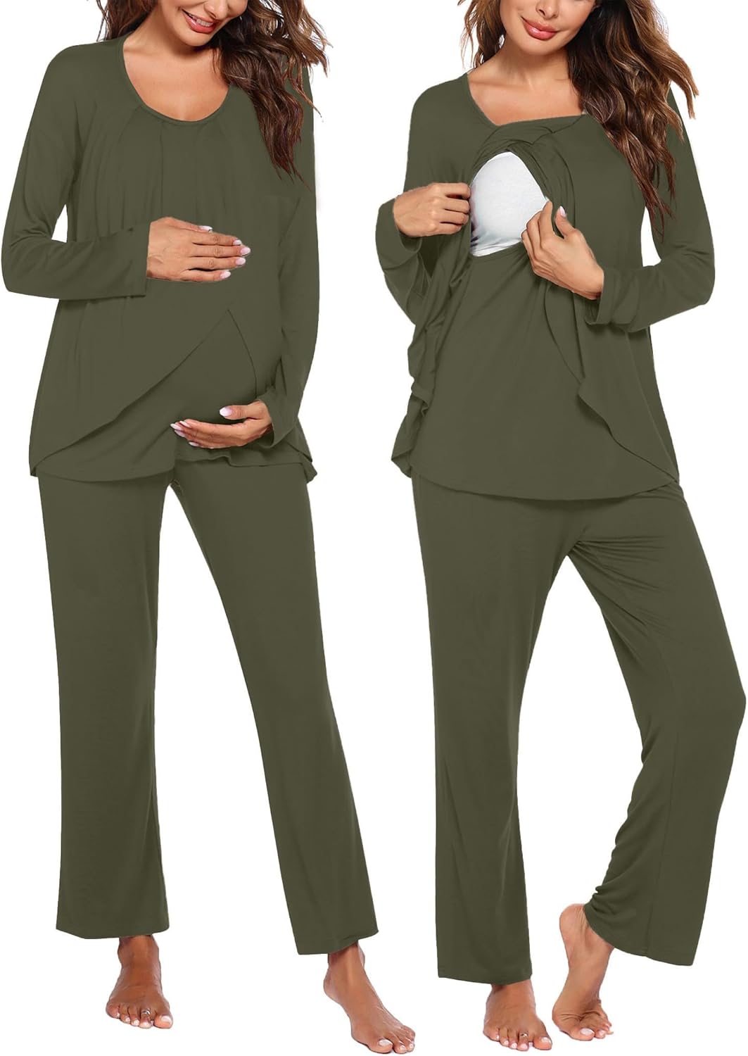 Maternity nursing pajama set in olive green: long-sleeve wrap top and straight-leg pants