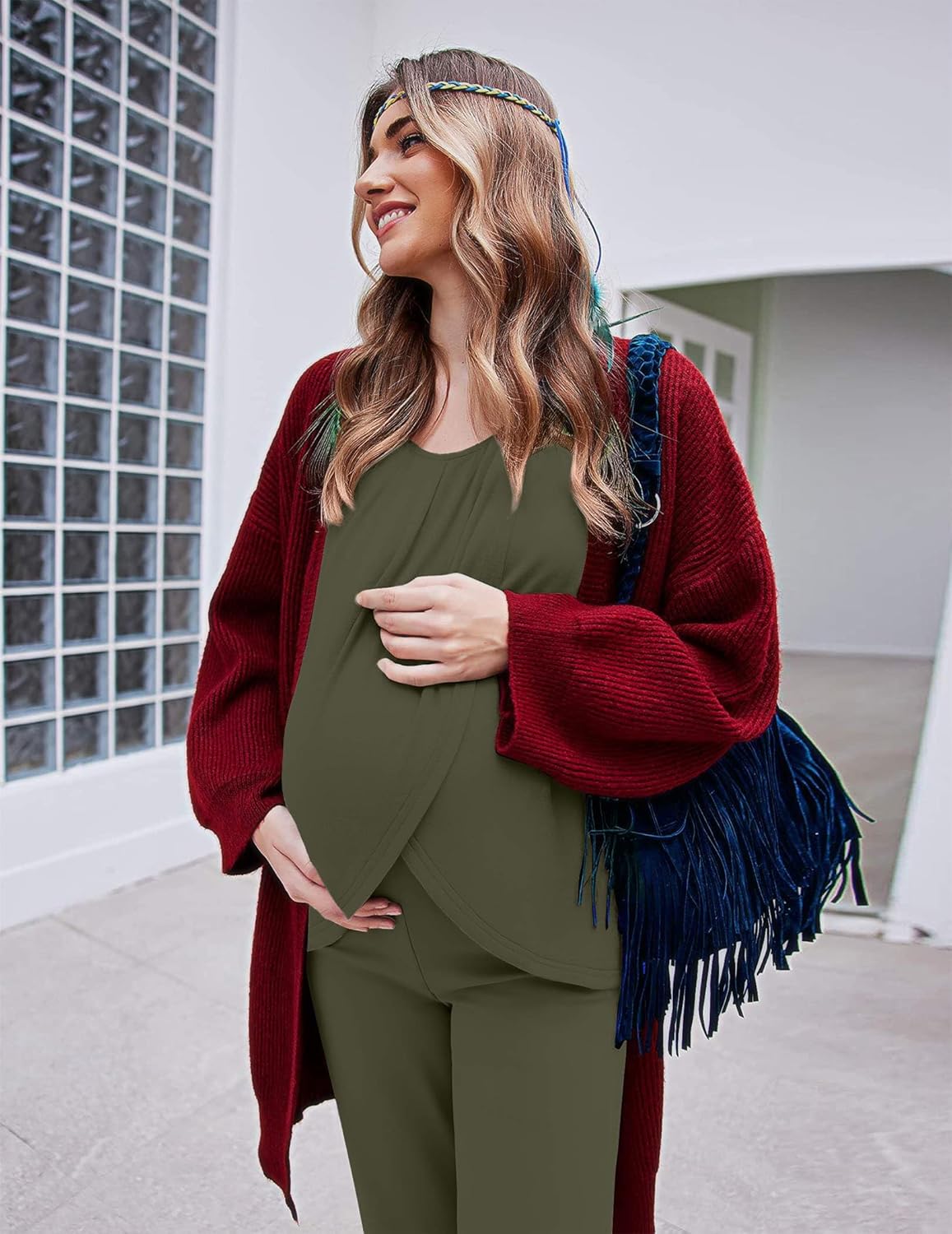 Olive green nursing pajama set with long-sleeve wrap top and straight-leg pants