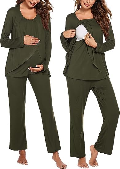 Olive green nursing pajama set with long-sleeve wrap top and matching straight-leg pants