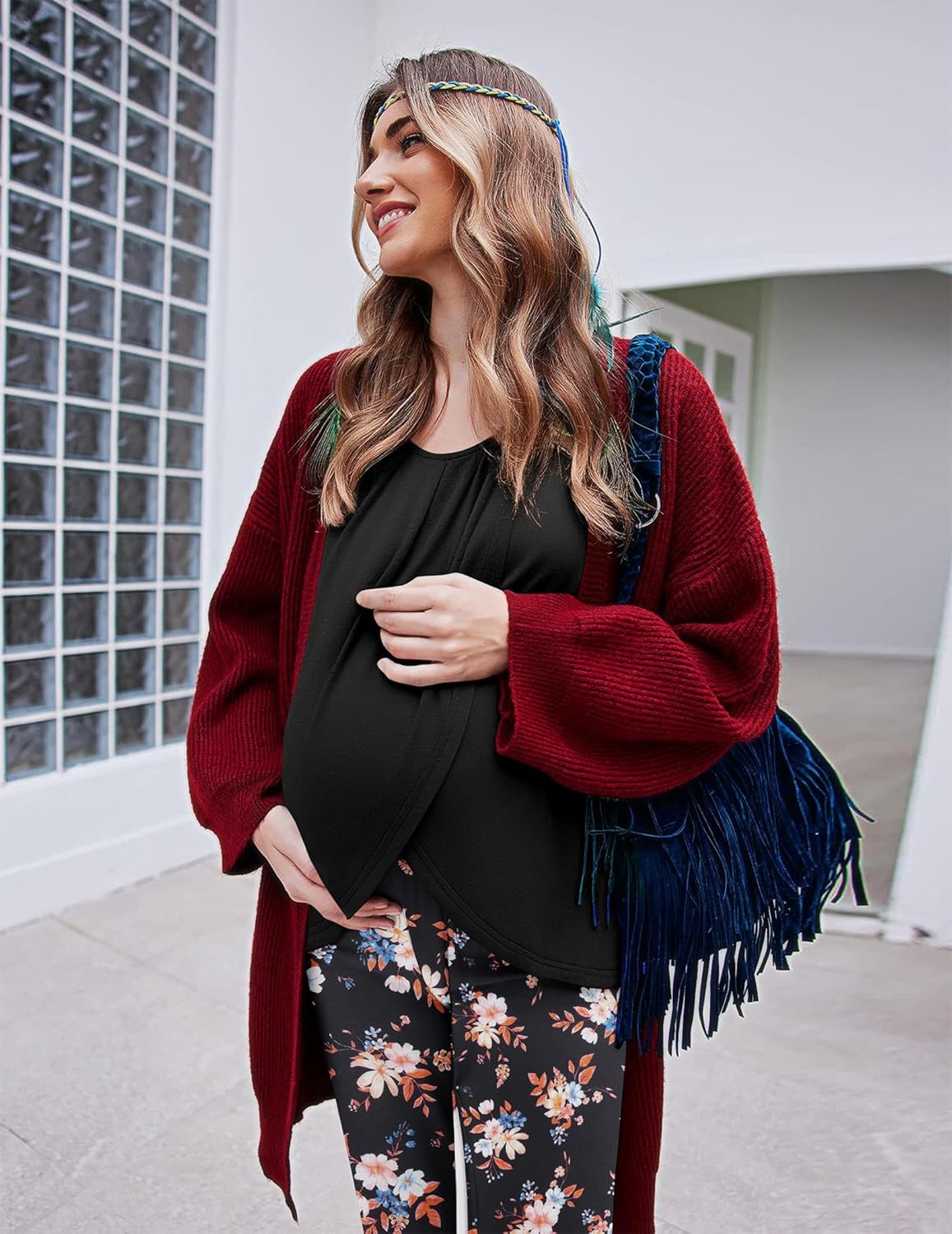 Maternity nursing pajama set in wine red: wrap-style long-sleeve top and floral pants