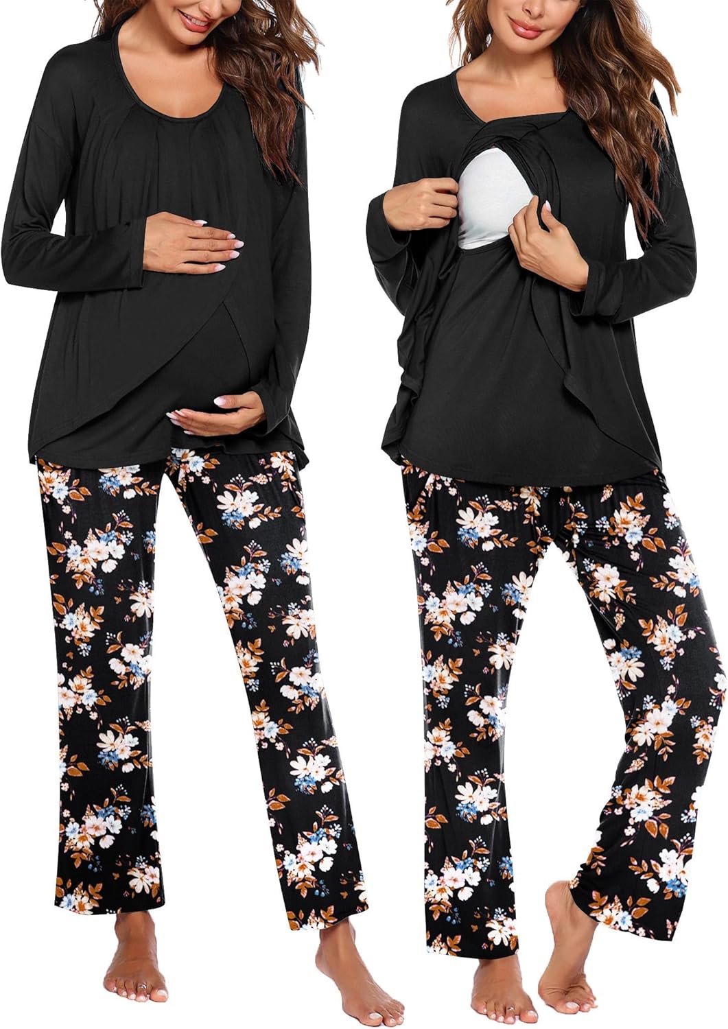 Black nursing pajama top with floral pants in dark background and multicolor flowers